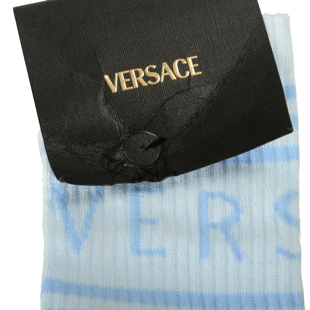 Versace Sky Blue & White Logo Print Athletic Socks sz S - Picture 3 of 3
